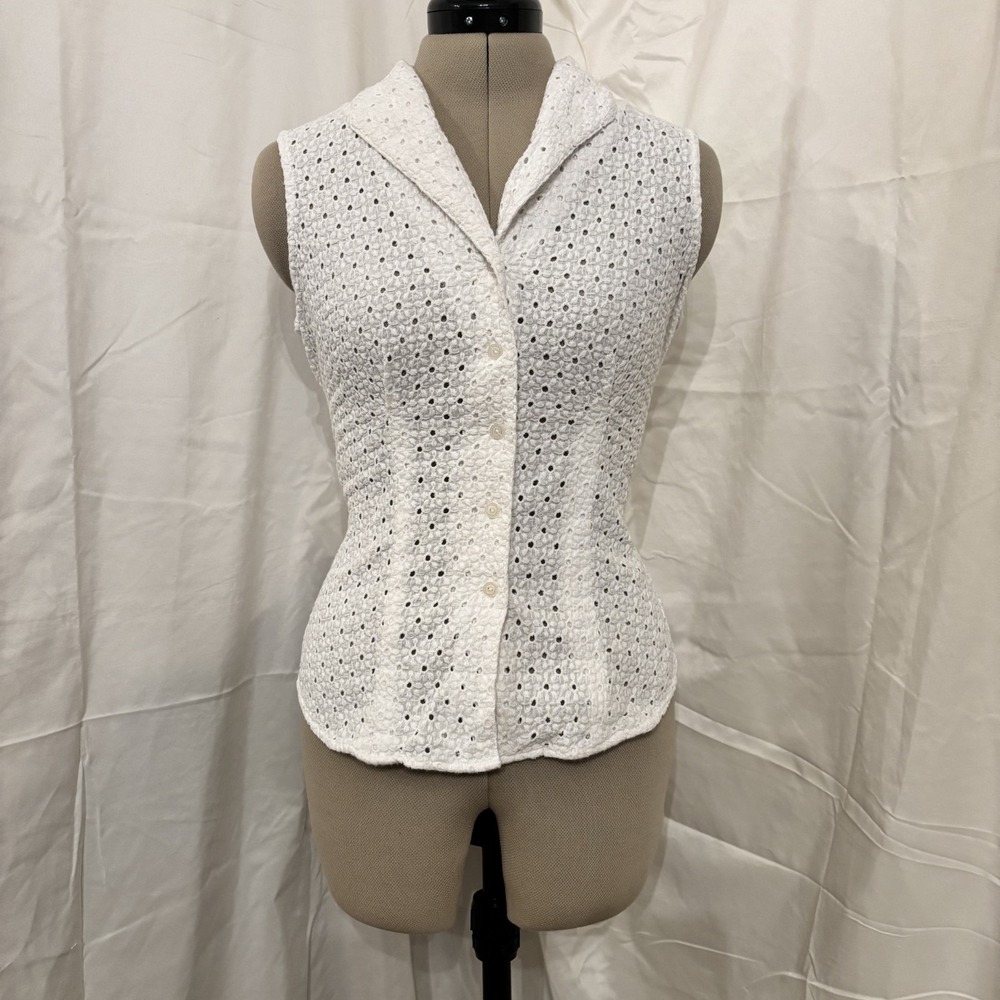 Jones New York Women's 8 White Eyelet Sleeveless Collard Tank Top Cottagecore